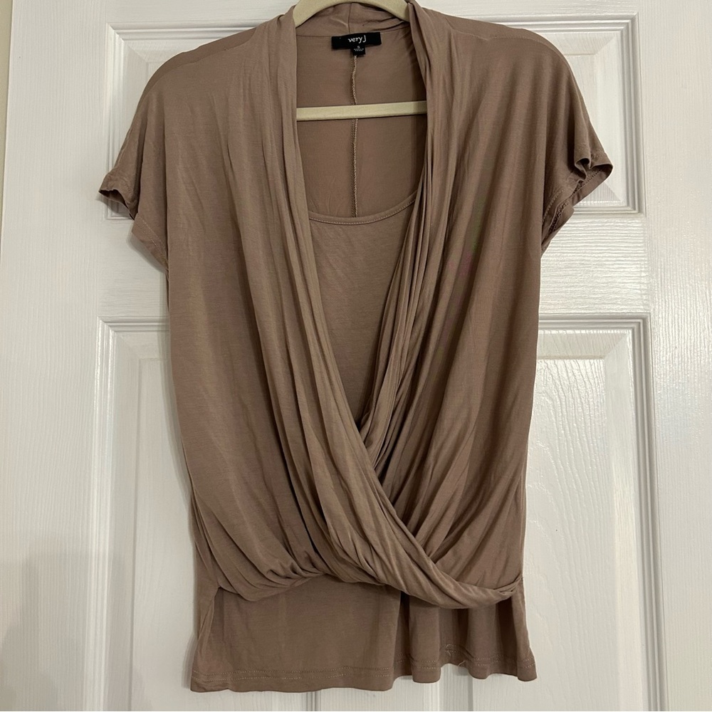 Very J Taupe Drape Front Double Layer Top Small